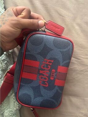 Coach Navy Blue and Red Signature Crossbody Pouch